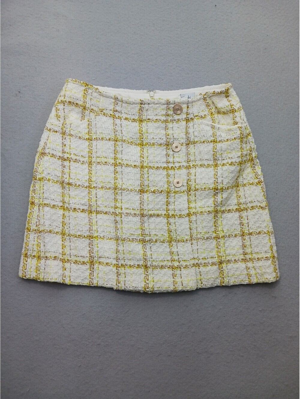 Cabi Women's Skirt Size 8 Coco Mini Cream Yellow Plaid Tweed Lined